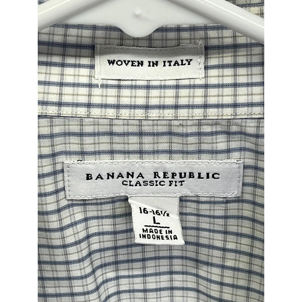 Banana Republic Classic‎ Fit Mens White Blue Checked L/S Button Up Shirt L
